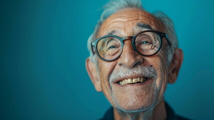 Wall Mural -  A tight shot of a man in a black shirt, donning glasses and sporting a white beard, grinning