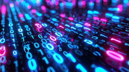 Poster - A close-up view of a digital stream, composed of glowing binary code in shades of blue and pink.