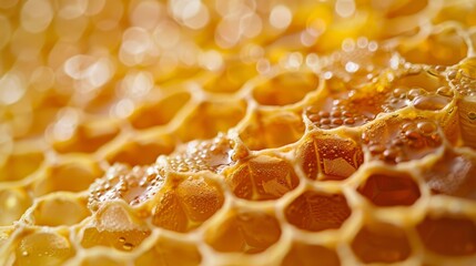 Wall Mural -  A tight shot of a honeycomb, adorned with water droplets on its surface and opposite side