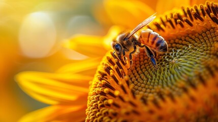  A bee atop a sunflower against a blurred backdrop of yellow and green blooms