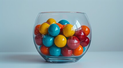 Wall Mural -  A glass holding various colored candies sits atop a pristine white table Nearby, a gray wall meets a backdrop of unblemished white