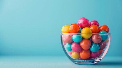 Wall Mural -  A blue table holds a glass bowl brimming with multicolored candies Nearby, a blue wall stands