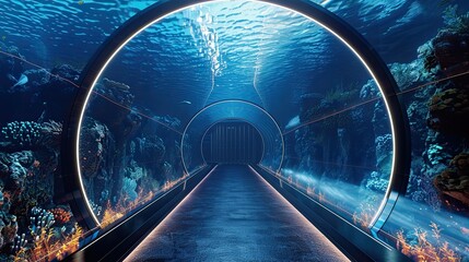 A tunnel with a blue background and a light blue water