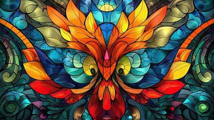 Wall Mural - A colorful painting of a bird with a red eye