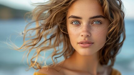 Wall Mural -  A woman, eyes closed, faces the wind by a tranquil body of water Frizzy tendrils escape her neatly braided hair, dancing freely in the breeze