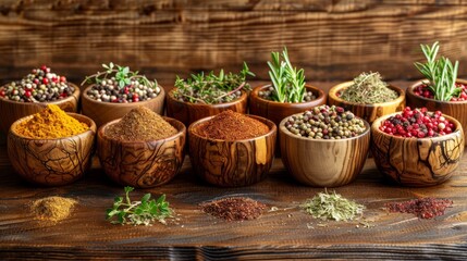  A wooden table is laden with wooden bowls, each brimming with distinct spice types Two pepper grinders are nearby