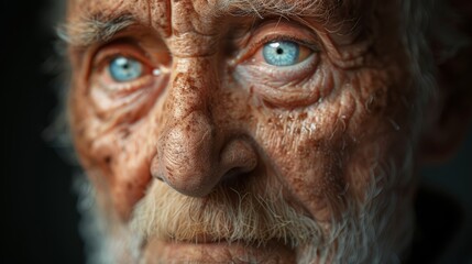 Wall Mural -  A tight shot of an elderly man's weathered face with freckles and piercing blue eyes accentuated by eyeshadow