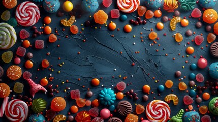 Canvas Print -  A vibrant assortment of candies and lollipops against a dark backdrop Insert text here