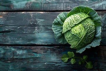 Wall Mural - Fresh Savoy Cabbage on Rustic Wooden Table