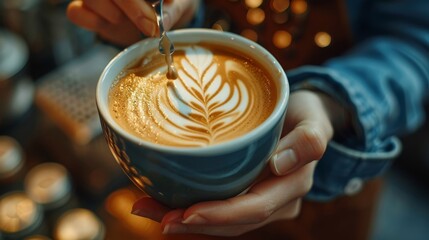 Poster -  A tight shot of hands holding a steaming mug, its surface adorned with intricate latte art design