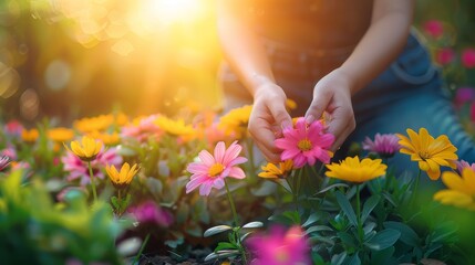 Wall Mural -  A tight shot of an individual kneeling in a flower-filled meadow, sun casting light through the ground behind them