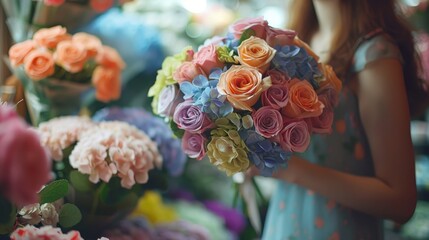 Wall Mural -  Woman 1 in blue dress holds bouquet of colorful flowers before Woman 2 similarly dressed