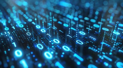 Poster - A close-up of a digital representation of binary code, with glowing blue 1s and 0s forming an abstract pattern.