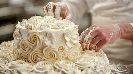 Wall Mural -  A tight shot of someone decorating a cake with white icing on a table Others are in the background