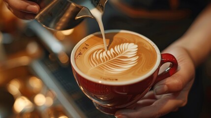 Poster -  A tight shot of someone carefully pouring coffee into a cup, adorned with a intricate leaf design atop it