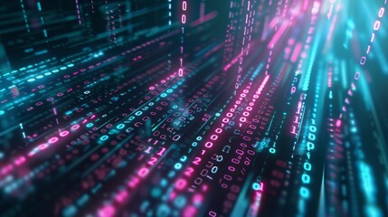 Fototapete - A close-up view of glowing pink and blue binary code streaming downwards on a dark background.