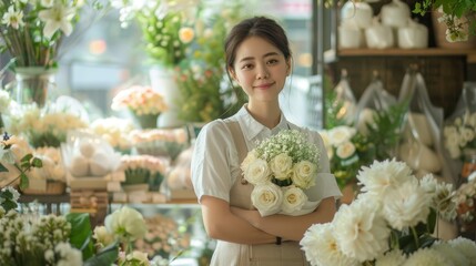 Sticker -  A woman, in front of a flower shop, holds a bouquet of white and green blooms