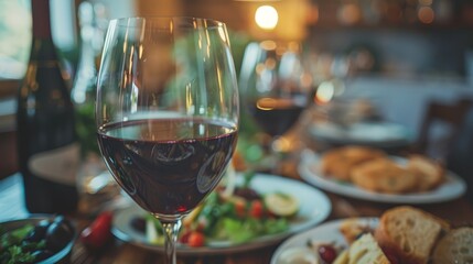 Canvas Print -  A glass of wine on the table, next to a plate with food and an adjacent bottle