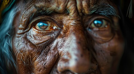 Wall Mural - blue eyes, adorned with a headdress atop