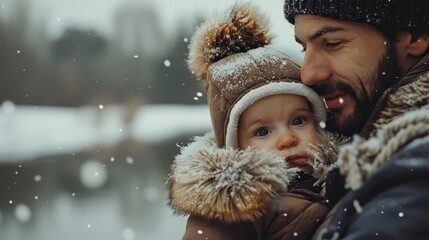 Wall Mural -  A man cradles a small child in the snow, both wearing hats