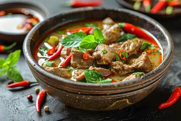 Wall Mural - Spicy Beef Curry with Fresh Herbs and Red Chilies