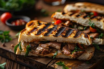 Wall Mural - Grilled Steak Sandwiches with Fresh Herbs and Vegetables