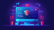 © Mongkol - Modern flat design antivirus software illustration showing a shield scanning a computer for threats. Ideal for cybersecurity, technology, and protection concepts.