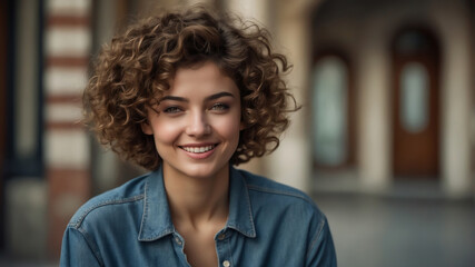 Poster - Smiling Young Woman with Curly Hair Wearing a Denim Shirt, Capturing Natural Beauty in Urban Setting