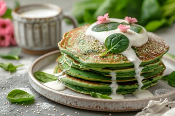 Wall Mural - Delicious Stack of Green Spinach Pancakes with Cream and Fresh Spinach Leaves