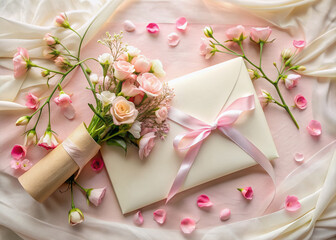 Delicate flowers surround a blank white greeting card with a rolled up love letter tied with a satin ribbon on a soft, romantic background.