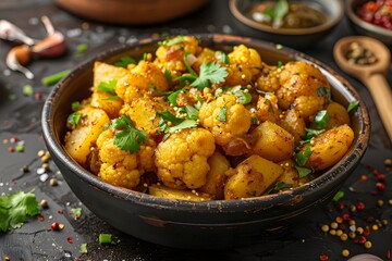 Wall Mural - Flavorful Spiced Cauliflower and Potato Curry Garnished with Fresh Herbs