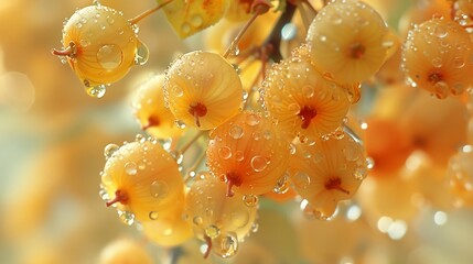 Sticker - Dewy Yellow Fruit on a Branch in Sunlight