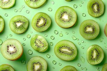 Wall Mural - Fresh Kiwi Slices with Water Droplets on a Green Background