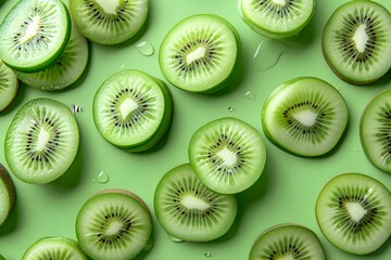 Wall Mural - Freshly Sliced Kiwi Fruit on a Green Background