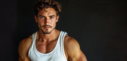 Wall Mural - Close Up Portrait of a Handsome Man With Wavy Blonde Hair in a White Tank Top