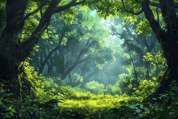 Wall Mural - Sunlit Clearing in a Dense, Lush Forest