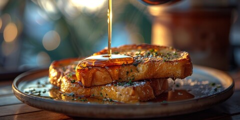 Wall Mural - Golden French Toast Being Drizzled With Syrup at Sunset