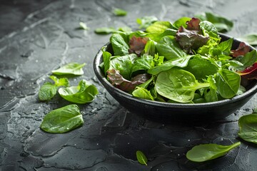 Wall Mural - Fresh Mixed Green Salad in a Black Bowl on a Dark Textured Surface