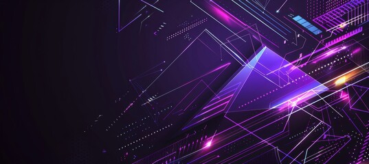 Canvas Print - Dark background with glowing purple lines and triangles on the right side of the screen A dark blue gradient in the middle with a neon effect Generative AI