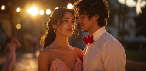 Poster - Romantic Couple Dancing Under String Lights at Sunset