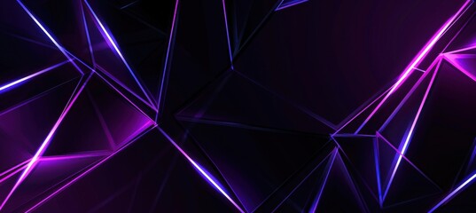 Canvas Print - Black background with purple neon lines and triangles, dark blue light effect on the edges of glowing beams Generative AI