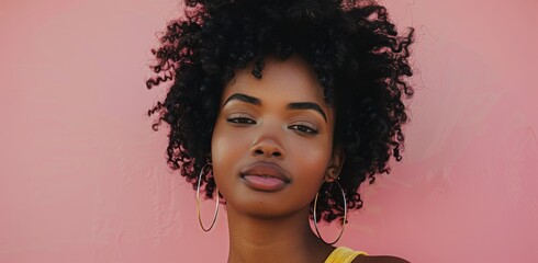 Wall Mural - Woman With Curly Hair Posing in Front of Pink Wall