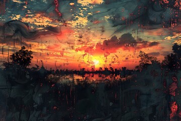 Wall Mural - Mesmerizing Sunset Over a Serene Lake with Artistic Overlay