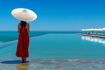 Sticker - Woman in red dress with wide brimmed hat overlooking calm blue waters capturing elegance and serenity