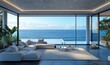 © MG - Luxury villa with terrace and floor to ceiling panoramic window with amazing sea view. Interior design of modern living room. Generative AI