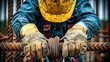 © weerasak - Close-up of construction worker handling rebar with gloves, showcasing manual labor and safety equipment on the job site.