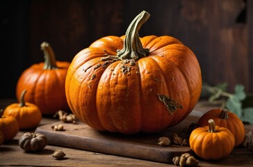 Canvas Print - Autumnal still life with large and small vibrant orange pumpkins and nuts on wooden surface