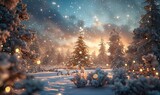 Fototapeta Fototapety z naturą - Fantastic winter landscape with christmas tree. 3D rendering. Christmas background with christmas tree, snow and stars. Beautiful christmas night, Generative AI