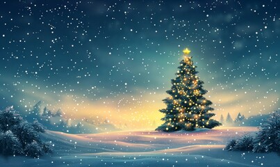 Wall Mural - Christmas background with christmas tree, snow and stars. Beautiful christmas night, Generative AI