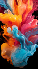 Colorful Flowing Fluid Paint on Black Background, Abstract Image, Texture, Pattern Background, Wallpaper, Cover and Screen of Smartphone, Cell Phone, Computer, Laptop, 9:16 and 16:9 Format